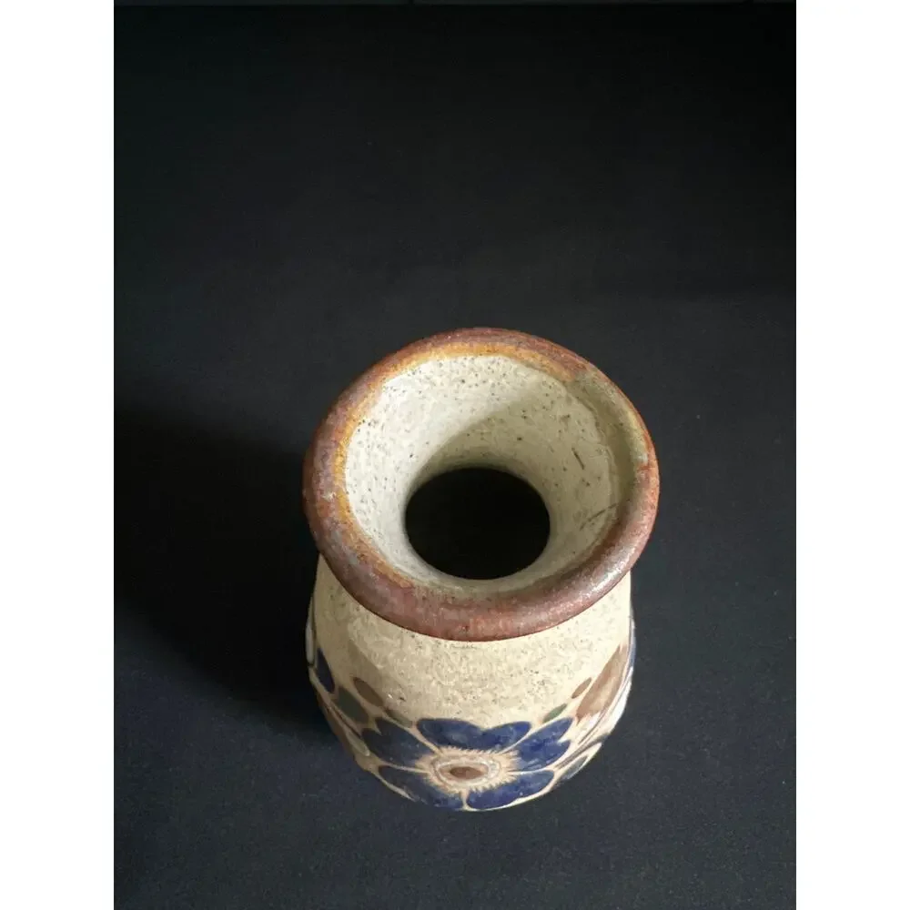 Vintage Mexican Tonala Sandstone Bud Vase Hand Painted Floral Folk Art Pottery - Picture 4 of 9